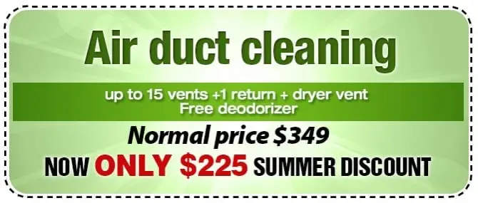 Image of an advertisement for top-rated air duct cleaning near me. Includes service for up to 15 vents, 1 return, dryer vent, and a free deodorizer. Normal price $349, discounted to $225 for summer.