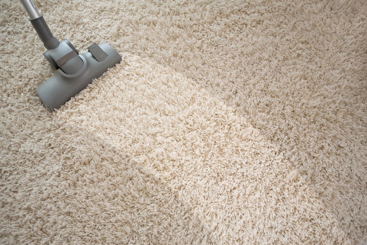 A vacuum cleaner head is cleaning a beige shaggy carpet, leaving a visibly cleaner path through the middle of the rug compared to the surrounding area.