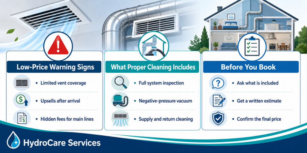 Infographic: Air duct cleaning in Phoenix—know costs! Spot low-price warning signs, see what proper cleaning includes, and check before booking. HydroCare Services logo featured.