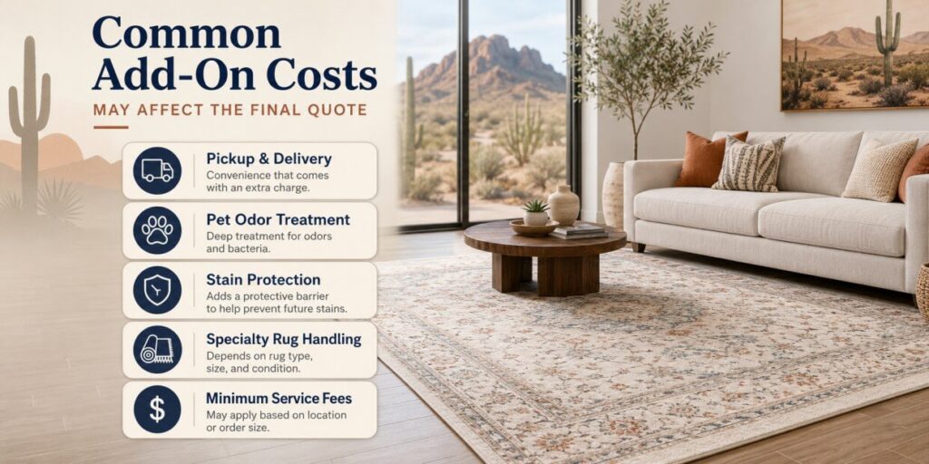 A living room with a beige sofa, round wooden coffee table, large rug, and desert landscape outside. The list details common rug cleaning cost Phoenix add-ons: pickup & delivery, pet odor treatment, stain protection, and specialty handling fees.