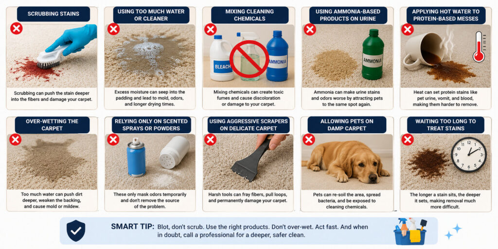 Infographic highlights ten carpet cleaning mistakes common in Arizona homes, especially for pet owners. Features images, red X marks, and concise descriptions. Smart Tip: use the right products and contact a professional when dealing with tough stains or pets.
