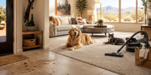 A golden retriever and a tabby cat relax on a living room rug in an Arizona home, with dirt tracked inside. A vacuum cleaner sits nearby, highlighting the importance of regular carpet cleaning for pet owners in desert landscapes.