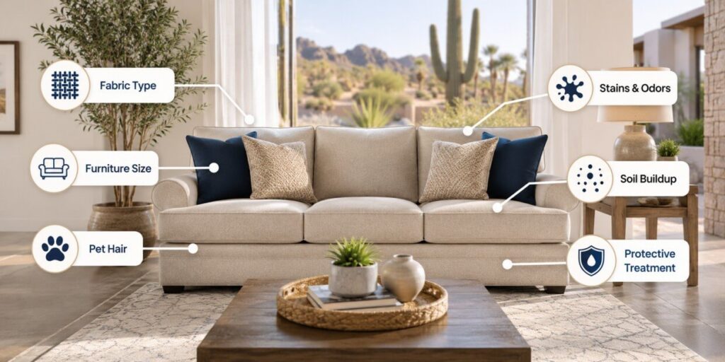 A beige sofa in a Phoenix AZ living room has labeled callouts for fabric type, upholstery cleaning, furniture size, pet hair, stains & odors, soil buildup, and cleaning cost. The room features large windows, desert views, and modern decor.