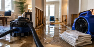 A flooded home interior in Arizona shows water-damaged walls, industrial drying fans, and towels on the floor—highlighting an urgent water damage action plan in progress for thorough cleanup and restoration.