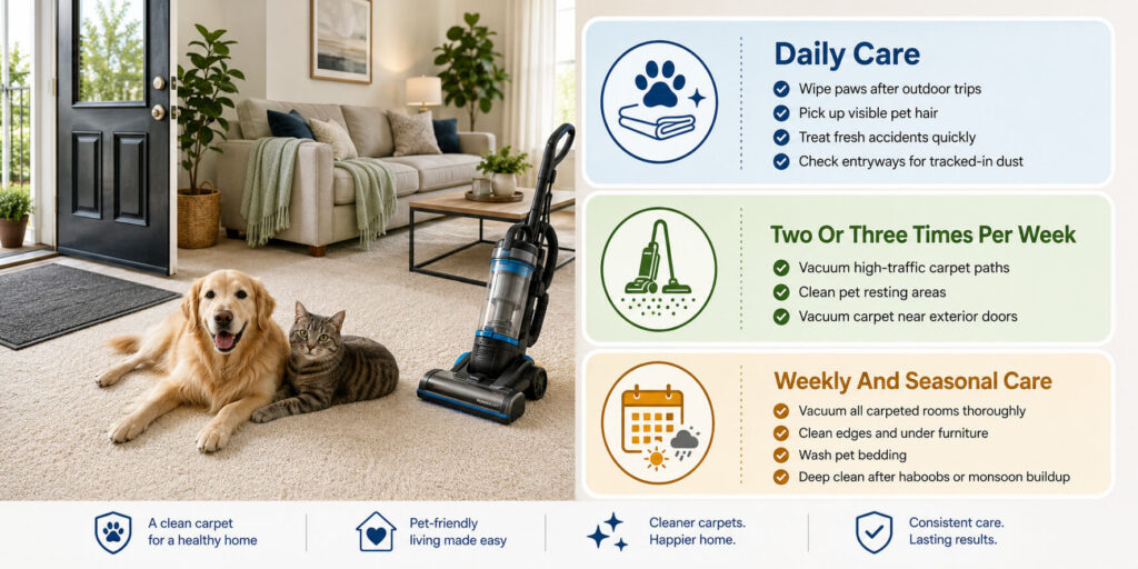 A golden retriever and a cat sit on a clean rug beside a vacuum in a sunny Arizona home. A chart details carpet cleaning tips: daily, two/three times weekly, and seasonal tasks, with icons and benefits for homes with pets listed at the bottom.
