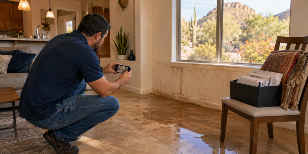 A man crouches to take a photo of water damage and a puddle on a tile floor near a window in an Arizona living room, documenting the issue for his action plan.