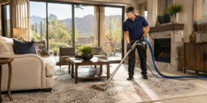 A man in a blue shirt steam cleans a large patterned rug in a bright, modern living room. Discover affordable rug cleaning prices and top-notch service for your home in scenic Phoenix.