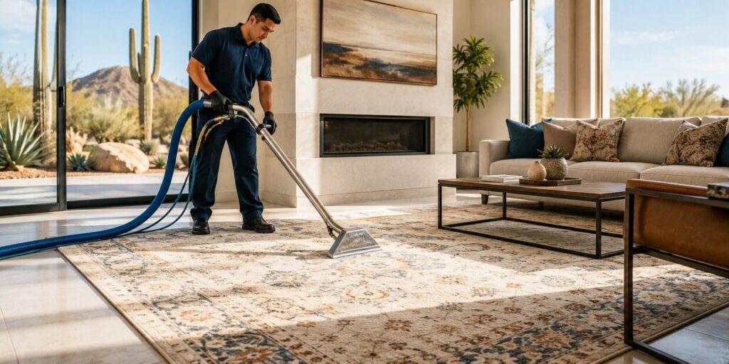 A person professionally performs Phoenix rug cleaning on a patterned rug in a modern, sunny living room with large windows and desert plants outside.