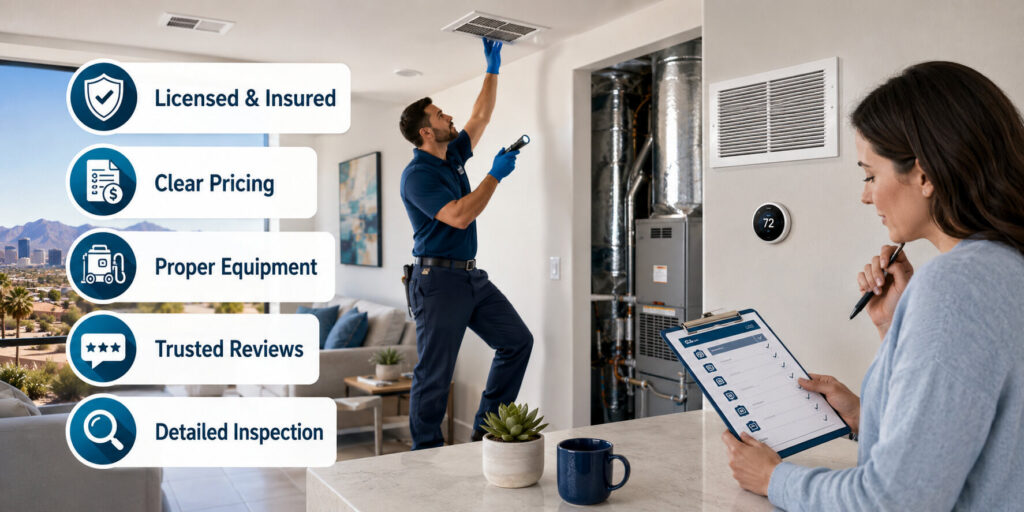 A technician inspects a ceiling vent for air duct cleaning as a woman checks a clipboard. Service benefits are listed: Licensed & Insured, Clear Pricing, Proper Equipment, Trusted Reviews, Detailed Inspection. Phoenix costs and a smart thermostat are visible.