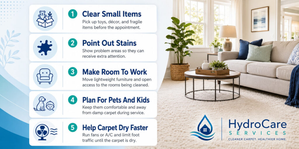 HydroCare Services infographic: 5 carpet cleaning prep tips for Arizona homes—clear items, note stains, move furniture, plan for pets/kids, and speed up drying. Living room with a white sofa and sunlight highlight the best time to clean carpets in Arizona.