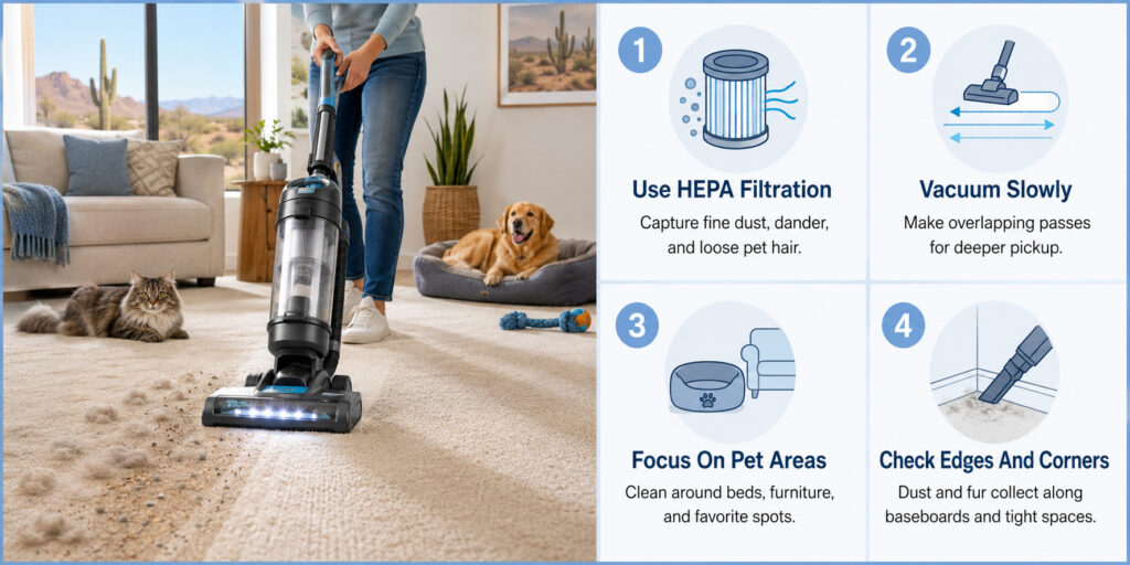 A person vacuums a carpet in a living room with a dog nearby—ideal carpet cleaning for Arizona homes. Tips include using HEPA filtration, vacuuming slowly, focusing on pets and dust, and checking edges and corners for fur.