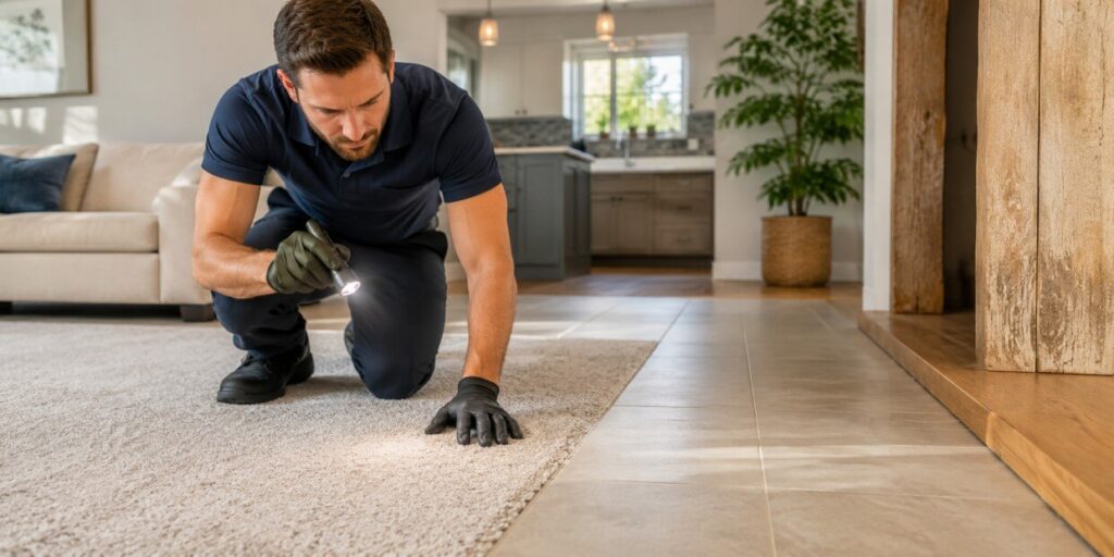 A man wearing gloves inspects a carpeted floor with a flashlight in a modern Arizona living room, closely examining the surface near a tiled area for water damage.