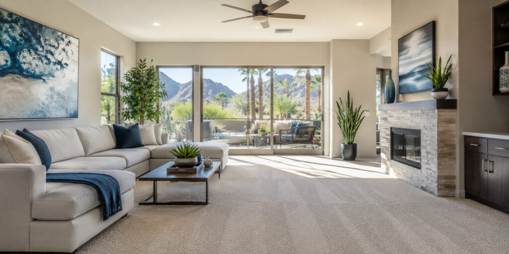Bright living room with large windows showing mountains, a beige sectional sofa, indoor plants, and a fireplace. Sunlight fills the space—ideal for enjoying views or scheduling carpet cleaning Arizona to keep this inviting home fresh year-round.
