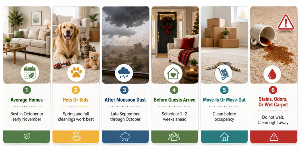 A six-panel guide for carpet cleaning Arizona highlights when to clean carpets: average homes, with pets/kids, after monsoon dust, before guests, move-in/out, and tackling stains or odors—each shown with fitting visuals.