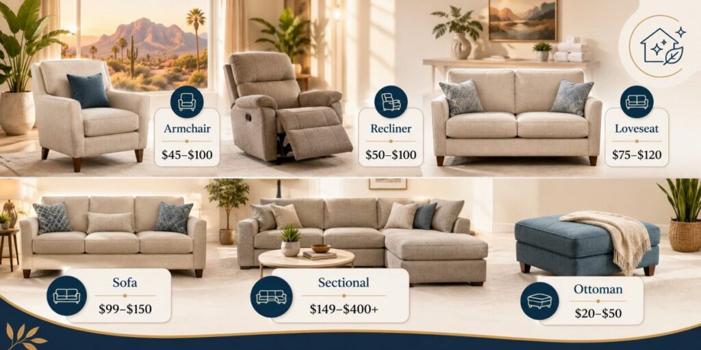 Display of six living room furniture pieces with prices, all in neutral tones and cozy decor. Perfect selections for Phoenix upholstery cleaning—keep your sofa, recliner, or sectional looking fresh with affordable upholstery cleaning cost options.