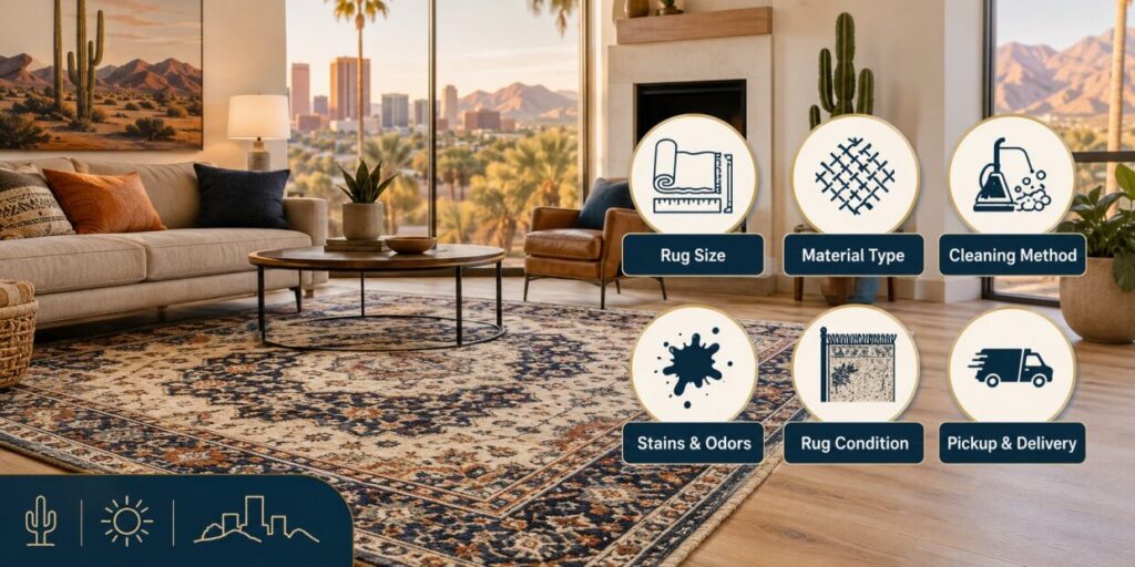 A stylish living room with a large patterned rug, modern furniture, and city views. Overlay icons show Rug Size, Material Type, Cleaning Method, Phoenix rug cleaning cost, Stains & Odors, Rug Condition, and Pickup & Delivery services.