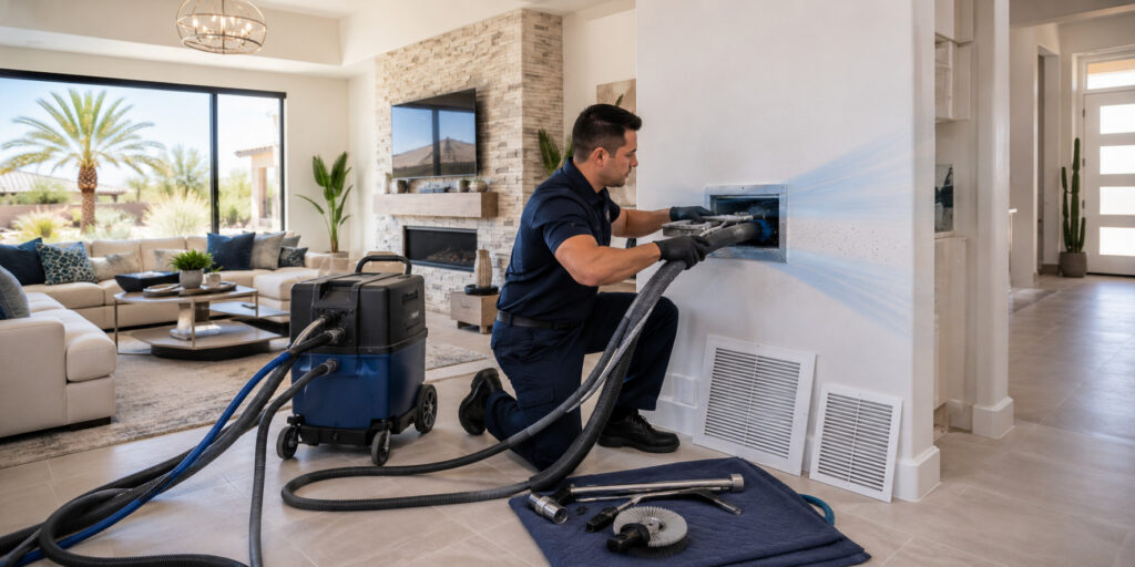 A worker in uniform uses a vacuum hose to perform air duct cleaning on a vent inside a modern Phoenix living room. Various tools are laid out on a mat, and sunlight fills the space through large windows, highlighting professional service and costs transparency.
