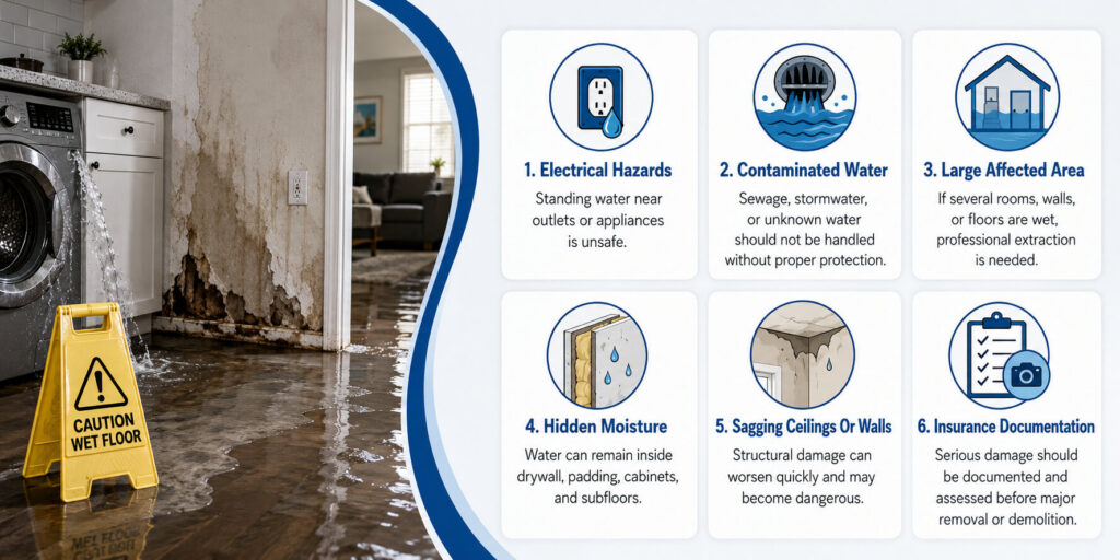 A flooded room with water on the floor, damaged wall, and a “Caution Wet Floor” sign. On the right, six Arizona water damage warning signs with icons and brief descriptions highlight electrical hazards, contamination, and key action plan steps for insurance.