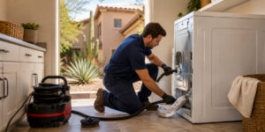 A man kneels inside a bright laundry room in Phoenix, AZ, cleaning out a dryer vent with a vacuum hose. The open back door reveals a sunny yard with desert plants and houses—essential maintenance considering the average dryer vent cleaning cost.