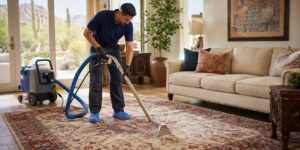 A person cleaning a large patterned rug in a living room with a professional carpet cleaning machine, showcasing area rug cleaning Phoenix expertise. Wearing gloves and shoe covers, they maintain hygiene as sunlight streams onto the beige sofa and clean floor.