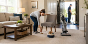 A woman tidies toys in a bright, neatly furnished living room with a vacuum nearby. A man in work clothes and a cap stands in the entryway, ready to provide professional carpet cleaning for the home.