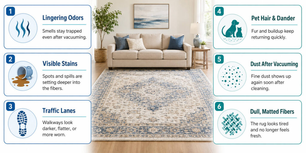 Infographic of a living room with a patterned area rug and six signs your rug needs professional rug cleaning—lingering odors, stains, traffic lanes, pet hair, dust after vacuuming, and matted fibers—ideal for those seeking area rug cleaning Phoenix. Infographic of a living room with a patterned area rug and six signs your rug needs professional rug cleaning—lingering odors, stains, traffic lanes, pet hair, dust after vacuuming, and matted fibers—ideal for those seeking area rug cleaning Phoenix.