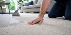 A person kneels on a beige carpet, pressing a hand onto the fibers, with a carpet cleaning machine nearby and a sofa in the background—demonstrating sticky carpet fixes.