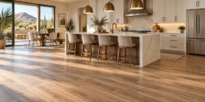 A modern kitchen in Phoenix homes features light wood kitchen flooring, a marble island with five chairs, pendant lights, stainless steel appliances, and mountain-desert views through large windows. A dining table is visible in the background.