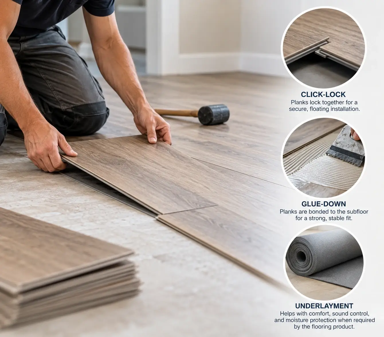 Click-Lock, Glue-Down, And Underlayment