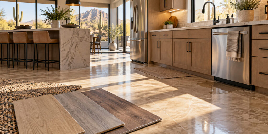 Modern kitchen with large windows, wooden cabinets, stainless steel appliances, and a marble island. Kitchen flooring samples are laid out on the shiny tile floor—showcasing the best options for Phoenix homes flooded with natural light and mountain views.