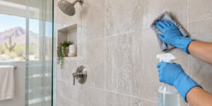 Wearing blue gloves, a person cleans shower tile with a cloth and spray bottle to tackle hard water stains. The tiled wall glistens with cleaner; in the background are a showerhead, niche with plants and bottles, and an Arizona mountain view through the window.