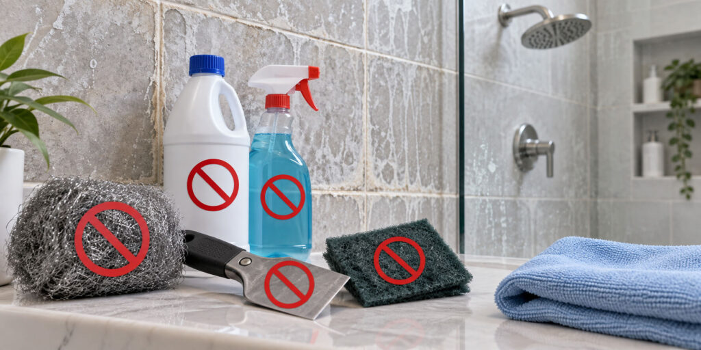 Four cleaning products and tools with red prohibition signs are on a bathroom counter, warning against their use on Arizona shower tile with hard water stains, in front of tiled shower walls and a blue towel.