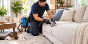 A professional cleaner in uniform performs professional upholstery cleaning on a sofa while a fluffy cat watches from the rug.