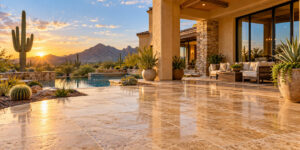 A travertine-paved patio with a swimming pool at sunset, featuring a mountain view and a covered lounge area perfect for desert home maintenance.