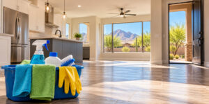 A blue cleaning caddy filled with spray bottles, brushes, and cleaning cloths sits on the floor of a bright, open-concept home prepared for move-in cleaning, with an exterior view of mountains.