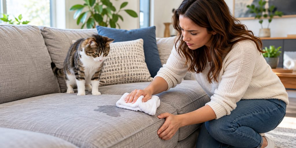 A woman wipes a couch cleaning professional’s target area on a gray sofa while a tabby cat watches.